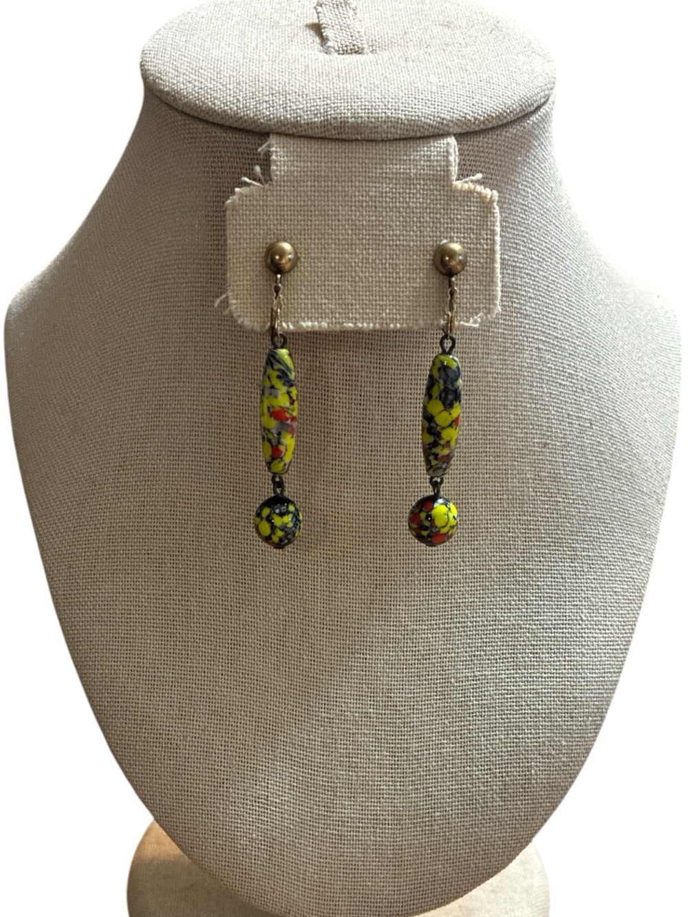 Handcrafted Yellow Mosaic Lamp Work Glass Drop Clip On/Screw Back Earrings